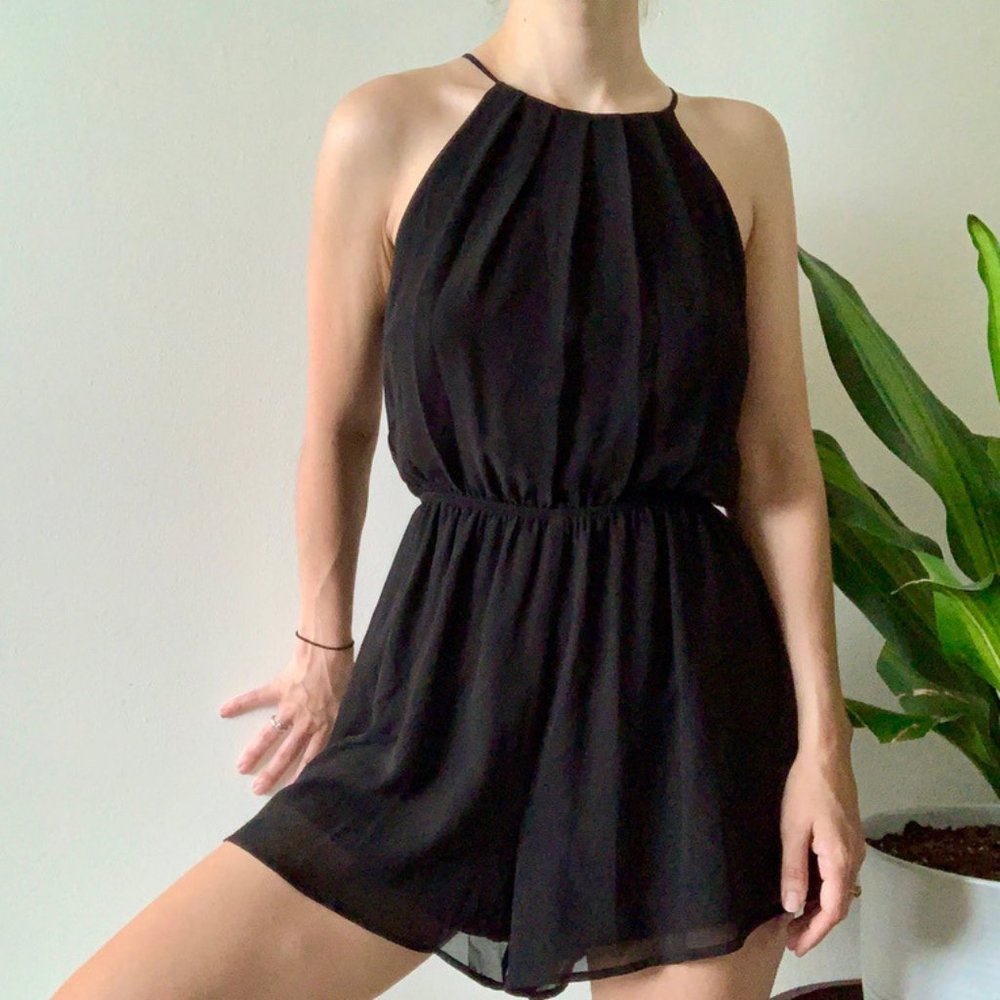 Draped Black Sleeveless Romper